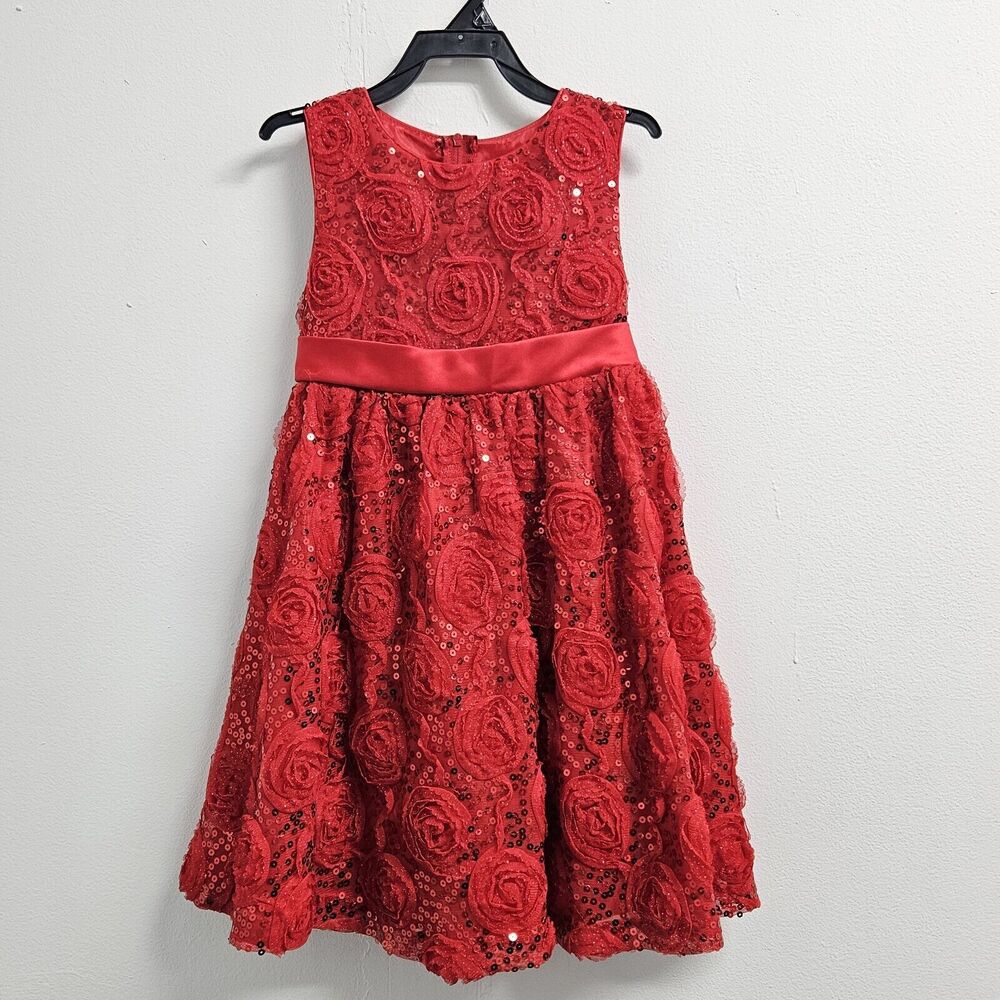 Rare Too Girls Dress Size 5 Red Sequin Rose Floral Special Occasion NWOT